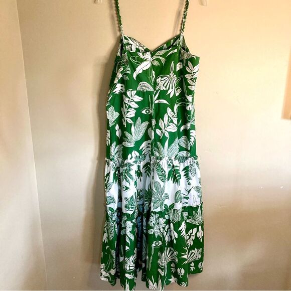 NEW FARM Rio Forest Soul Mix Midi Dress Tropical Green White Tiered Size XL - Picture 13 of 16